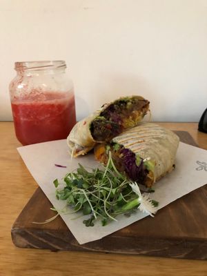 Strawberry ? juice & burrito ? @renegaderaquel  at Adhana in Santiago