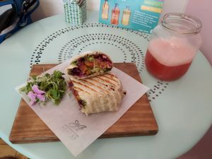 Burrito and juice of the day at Adhana in Santiago