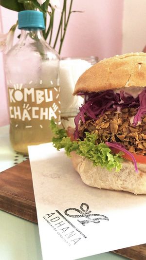 To-fish sandwich (Tofu) + Kombucha Cedrón at Adhana in Santiago