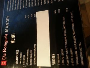 Main menu at Da Bomgerie Burger in Sydney