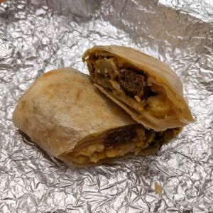 Vegan breakfast burrito with vegan egg, sausage, cheese, potatoes at Great Basin Community Food Co-op in Reno