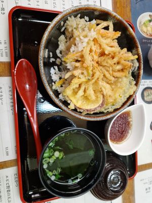 Vetable Tempura donburi it comes with seaweed soup. at Flowers - Tachibana in Hiroshima