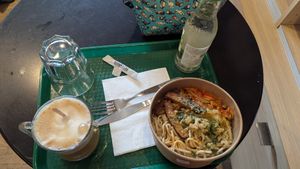 Tofu noodle bowl and vegan latte at Organic Epicerie in Chamonix-mont-blanc