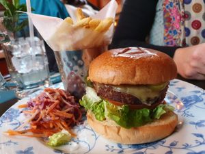 Beyond Burger with fries at The Cosy Club in Stamford