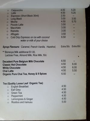 Hot beverage menu as of March 2018 at Scrumptious on Summer in Orange