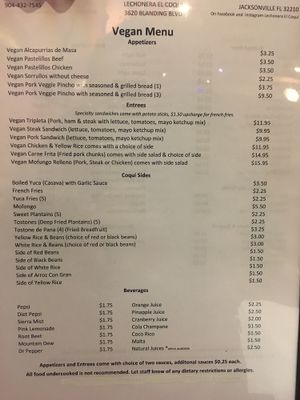 Vegan menu at Lechonera El Coqui in Jacksonville