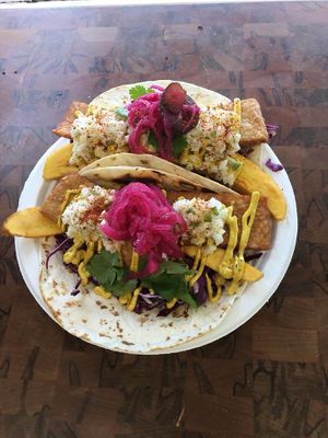 Jungle love tacos with tempeh and fried plantains. at Word on the Street - Food Truck in Talent