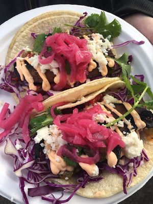 Mushroom and tempeh tacos. at Word on the Street - Food Truck in Talent