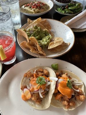 Sweet potato tacos, chips + guacamole, and vegan enchiladas   at Hook & Lime in Omaha