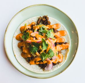 FABLE TACO, Fable is a plant based meat substitute made from shiitake Mushrooms, we smoke it, this taco is packed with flavor!  at Hook & Lime in Omaha