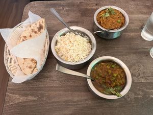 tandoori roti, matar mushroom, baingain bharta with rice  at Guru's in Newtown