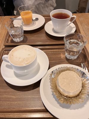 Orange jelly, rooibos tea, soy latte, and vegan rare cheese cake  at Takagiya in Tokyo