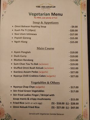 Vegetarian menu at The Peranakan in Central Singapore