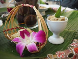 Vegan high tea - Sweet platter (Apom balek durian on the left, Durian pengat on the right) at The Peranakan in Central Singapore