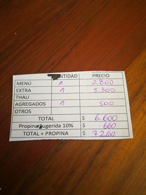 The bill for a whole meal(soup/meat platter/salads/juices/bread/desserts/sauce) for two people  at Govindas Hare Krishna in Valparaiso