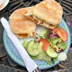 Vegan cheese and pesto toastie  at Skarlett's Cafe in Battle