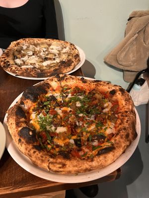 Chillo eggplant pizza and potato pizza   at Pizza Madre in Marrickville