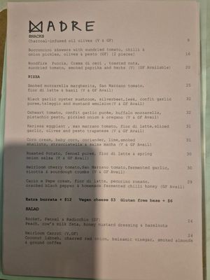 Menu March 2026 at Pizza Madre in Marrickville