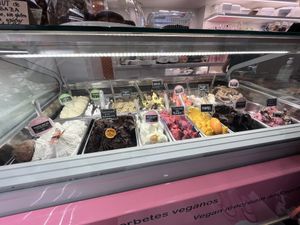 Vegan ice cream options are clearly labeled and in a different display case. Topping and pastry dessert menu not in photo.  at Yummy Helados in Malaga