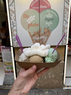 Pistachio, kinder bueno, minty and frappuccino   at Yummy Helados in Malaga
