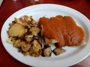 savory crepe with red pepper sauce at Herbivore - Berkeley in Berkeley
