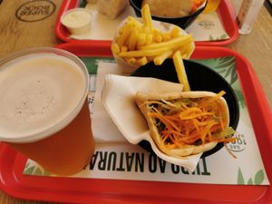 Tofu pita/wrap, fries and beer. at Pao Pao Queijo Queijo in Lisbon