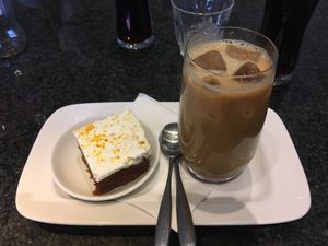 Carrot Cake + Iced Salted Caramel Latte with soy milk at Milano in Killarney