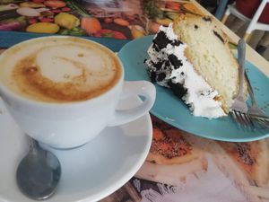 Oreo sponge and plant-based cortado at Plan Bakery Cafe in Tenerife