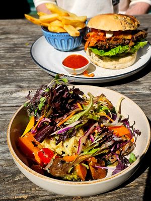 Roast vegetables salad & vegan burger at Toad Hall in Motueka