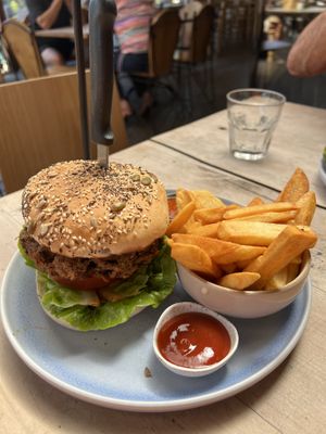 Vegan burger and chips  at Toad Hall in Motueka