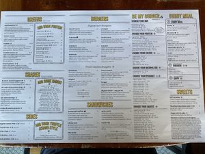 Entire menu (1/2). Note the "Plant Based Burger" section marked with "V", for vegan. at Bareburger in Bayside