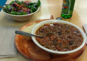 chili with cornbread and a side salad at Laughing Planet Cafe in Bloomington