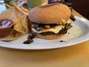 Mushroom Cheese Veggie Burger at Laughing Planet Cafe in Bloomington