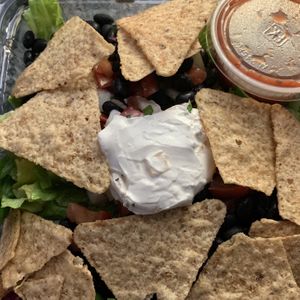 Zappatista Salad with vegan sour cream at Laughing Planet Cafe in Bloomington