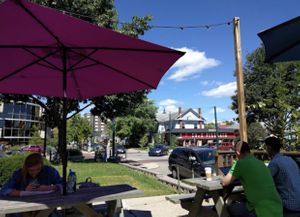 Outdoor seating at Laughing Planet Cafe in Bloomington