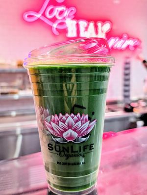 Green smoothie, nice but pricy at SunLife Organics in West Los Angeles