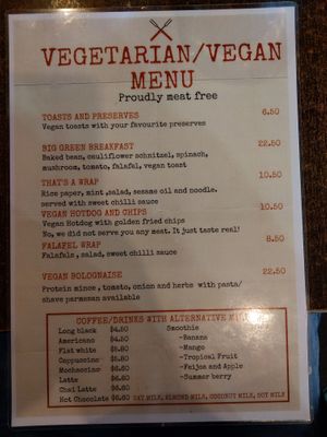 Vegan/ vegetarian menu at Full of Beans Cafe in Franz Josef Waiau