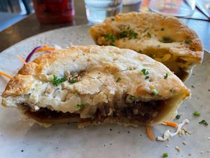 Vegan cheese and mince pie at Full of Beans Cafe in Franz Josef Waiau