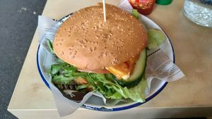 Vegan tofu burger at Full of Beans Cafe in Franz Josef Waiau