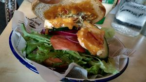 Vegan tofu burger at Full of Beans Cafe in Franz Josef Waiau