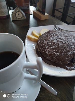 French coffee and bounty pancakes at Butterflies and Hurricanes in Thessaloniki