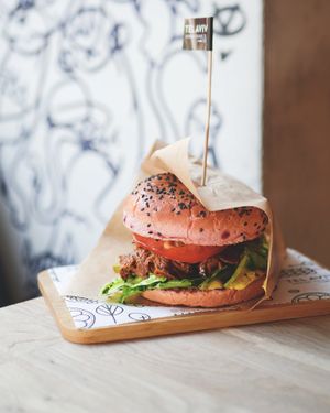 Pink seitan burger at Tel Aviv Urban Food in Lodz