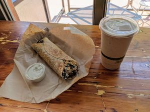 The Cuban wrap and Peanut Protein shake. at Superfood Bar in Denver