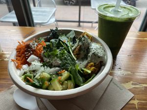 Falafel Bowl and Green Smoothie  at Superfood Bar in Denver