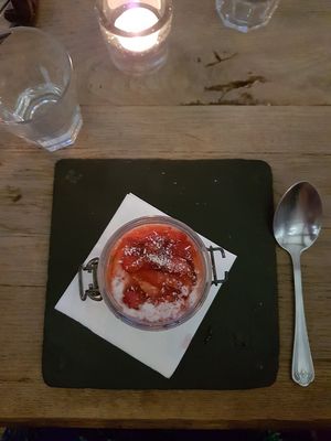 Chia Seed & Coconut Pudding with strawberry compote at Le Caillau in Vire-sur-lot