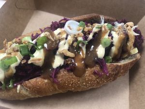 buckwheat hot dog thursday with mayo and veggies at Kucha in Ljubljana