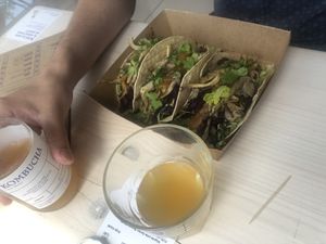 kombucha, zvitezi (corn tacos) at Kucha in Ljubljana