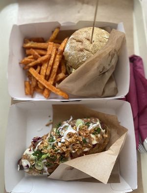 Hot dog, burger and fries at Kucha in Ljubljana