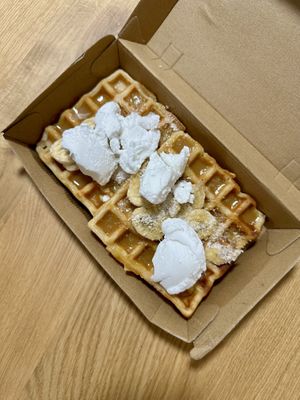 Banana butterscotch waffles with coconut ice creamm  at Oh My Waffle in Burleigh Heads