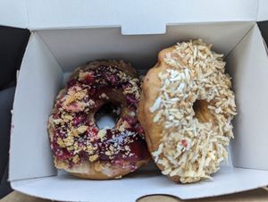 Cherry pie and toasted coconut donuts at V Food Spot in London